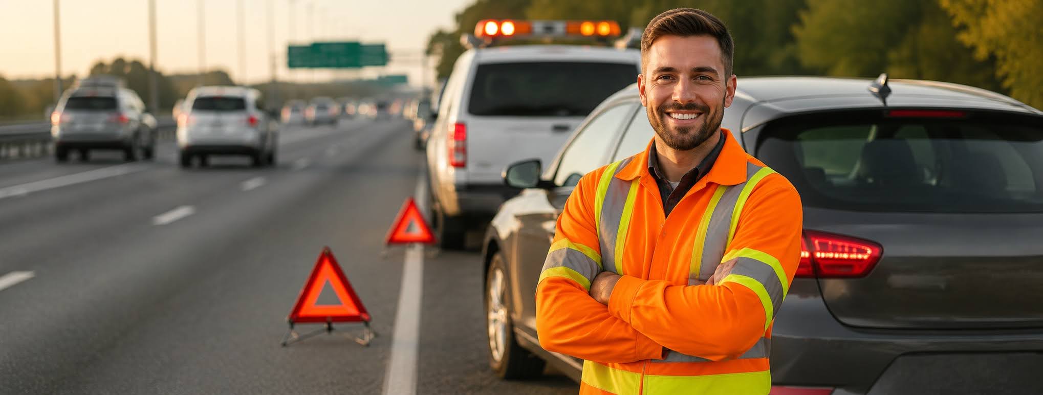 Roadside technician helping stranded driver