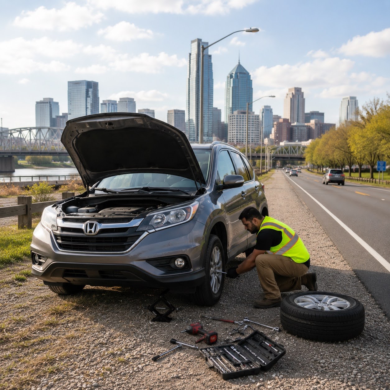 Technician changing a flat tire on the highway